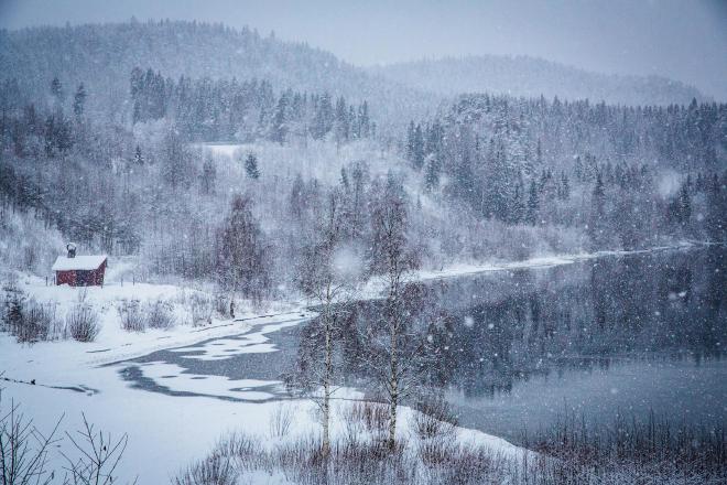 Vy över vinterklätt landskap i Ångermanland.